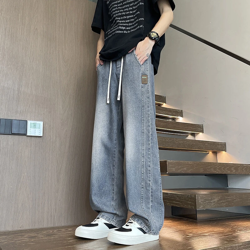 夏季薄款复古冰丝牛仔裤男宽松百搭阔腿直筒裤潮流舒适大码休闲裤