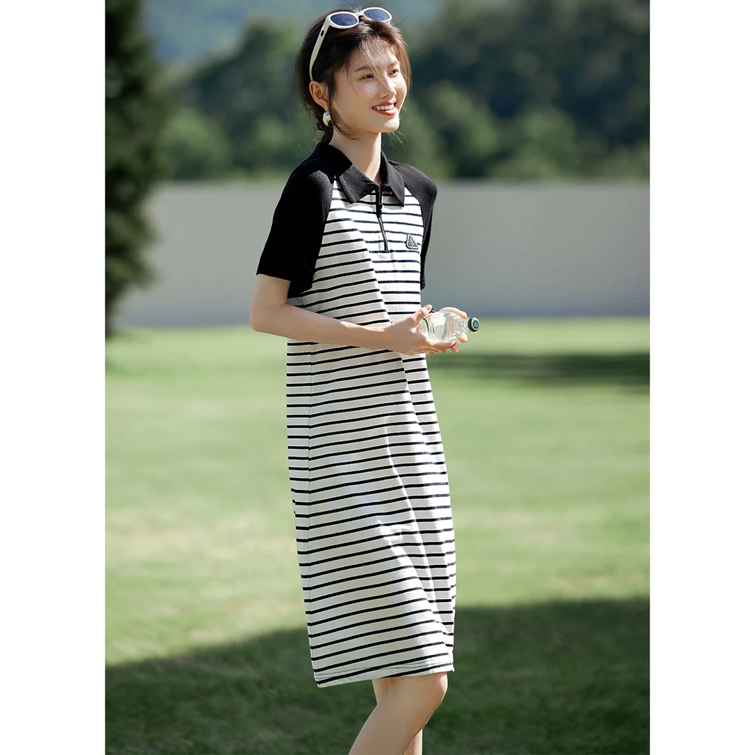 【直播】2025夏季插肩袖polo领休闲撞色条纹拼接气质连衣裙2518