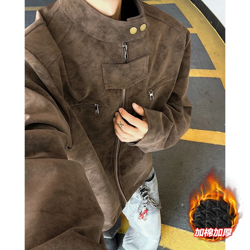 加棉加厚美式正肩皮衣外套男款秋冬季复古痞帅立领机车pu皮夹克男