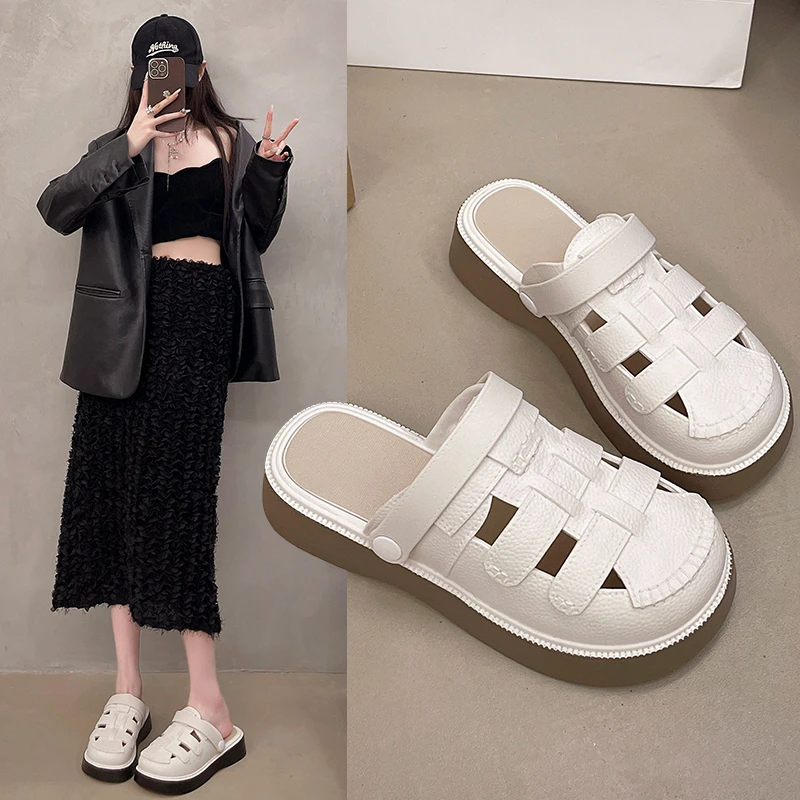 【几乐】2025新款两穿镂空包头凉鞋女夏季罗马鞋厚底拖鞋女外穿