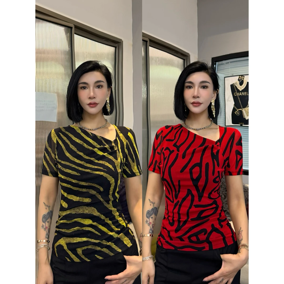 SONG-原创【上衣-清爽海盐】新款气质斜领网纱时尚透气时髦气质短袖