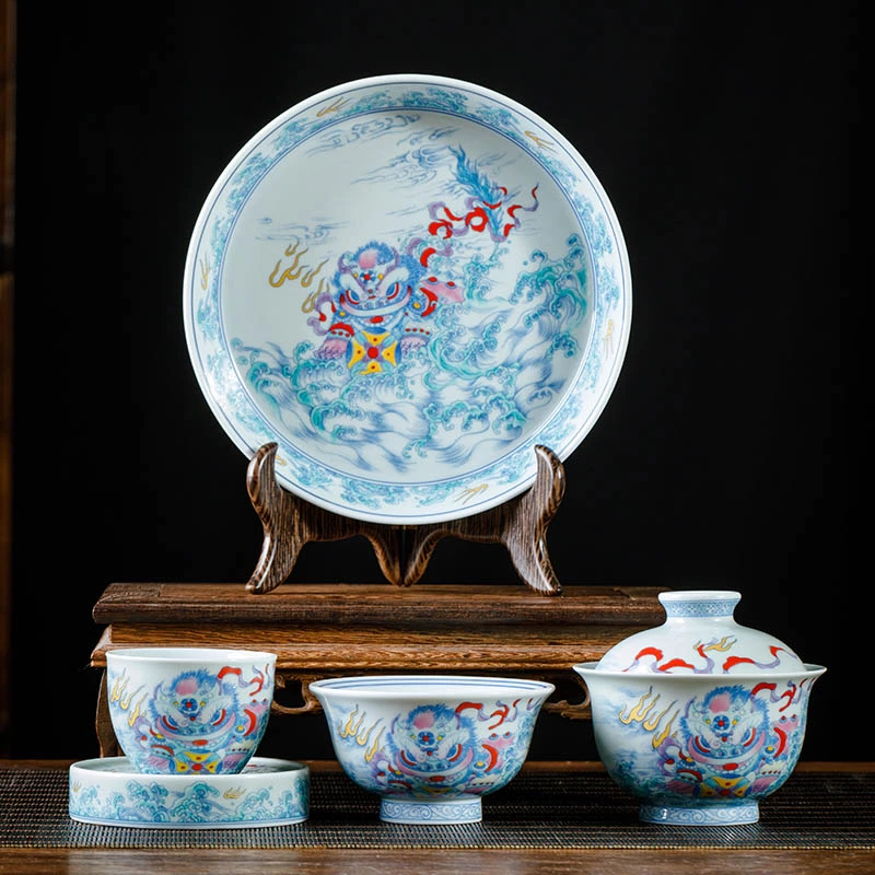 景德镇青花斗彩醒狮盖碗茶杯套装家用中式高档轻奢功夫茶具泡茶器