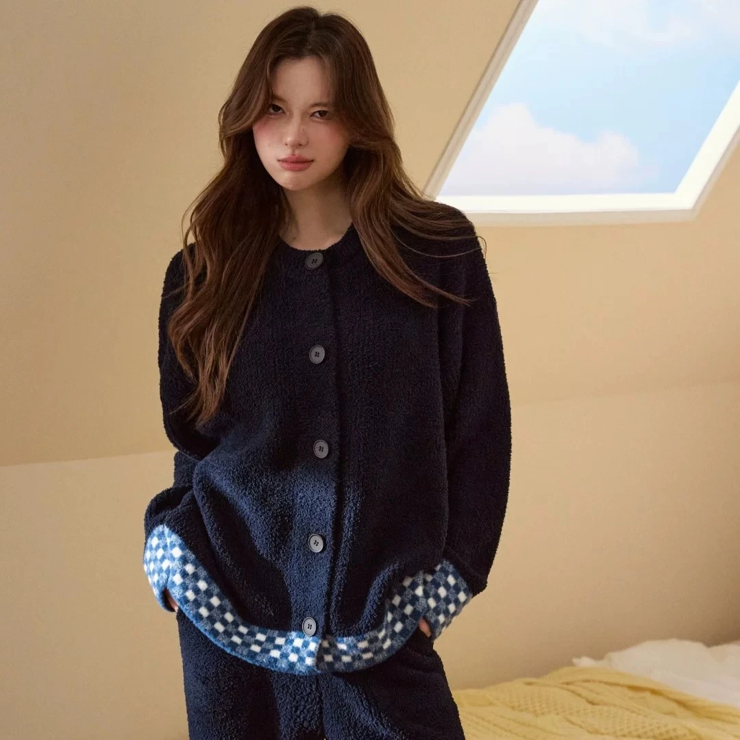 【10.1507】睡衣套装半边绒宽松加绒圆领保暖甜美时尚长袖