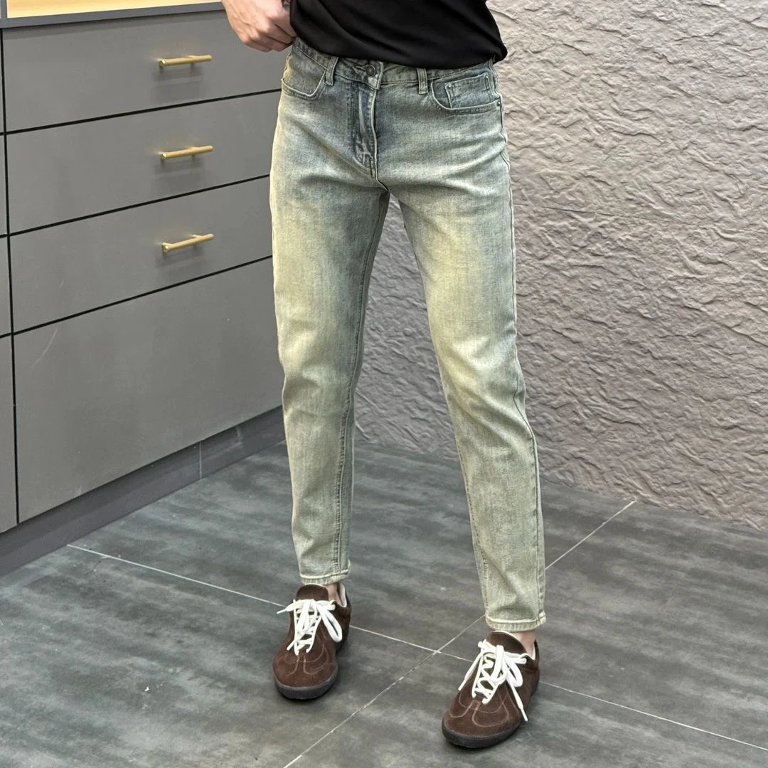 高端潮牌假破洞牛仔裤男春秋季新款做旧复古时尚修身小脚长裤