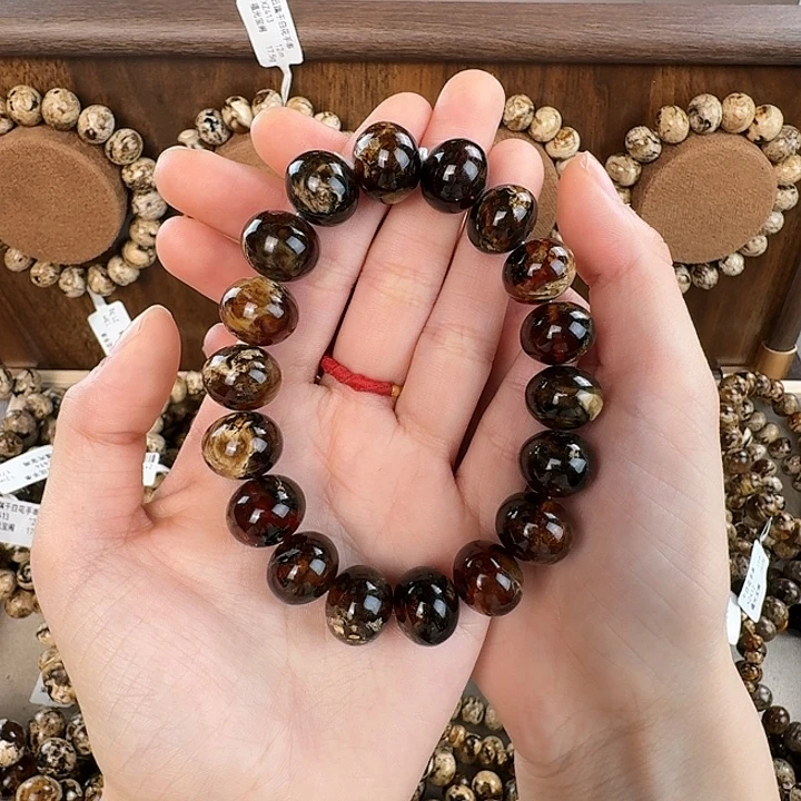 云***顺琥珀未镶嵌手串抚顺琥珀 花珀 14m