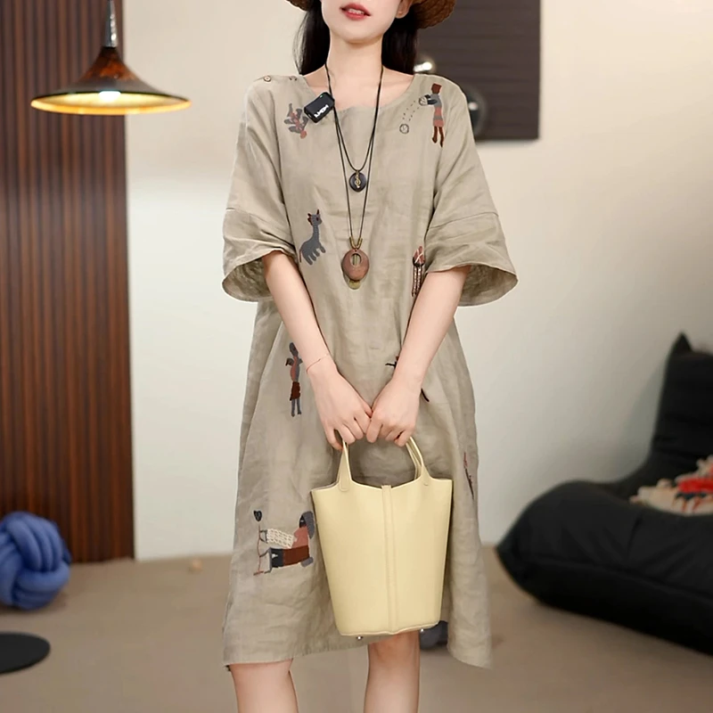 2025年夏季新款韩版时尚圆领文艺复古裙子女小个子休闲百搭连衣裙