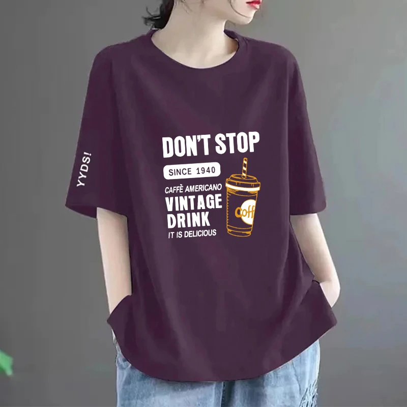 100%纯棉圆领印花短袖洋气妈妈2025夏季新款宽松休闲气质百搭T恤