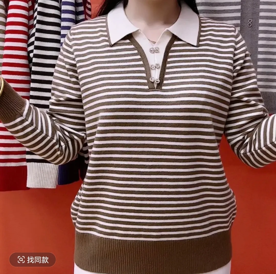 秋冬气质中年女装条纹拼色polo领拼接设计毛衣大码套头针织打底衫