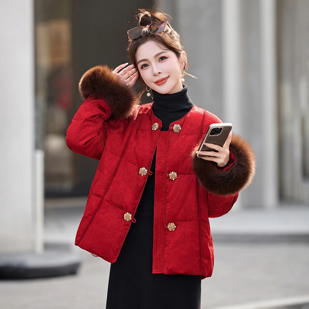 高端国风羽绒服女短款冬季2025新款中式洋气狐狸毛保暖白鸭绒外套