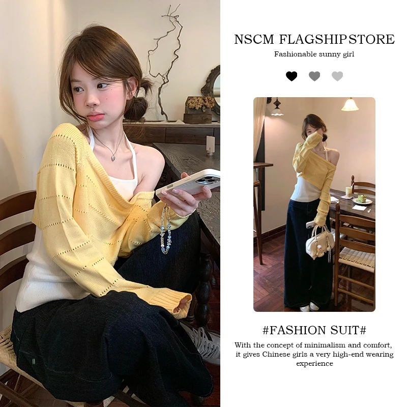 NSCM秋季新款多巴胺服装女慵懒风挂脖吊带短款时尚露肩上衣阔腿裤