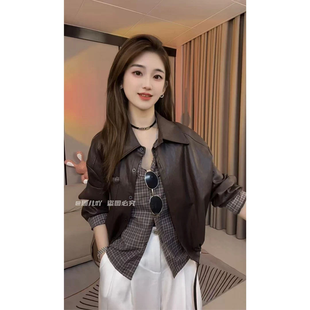 格子拼接假两件皮衣外套女欧货2025秋季新款设计感PU皮夹克上衣潮