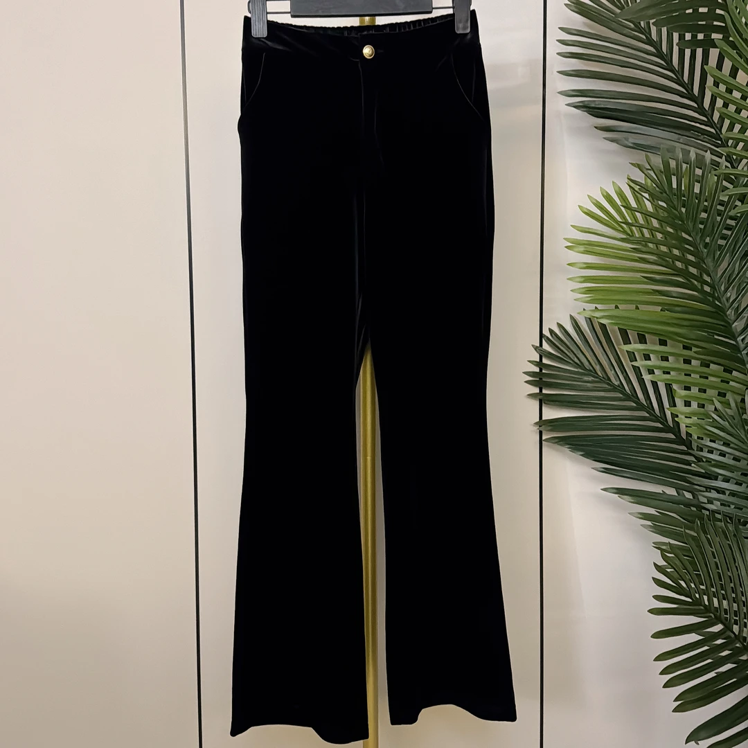 高定新款天鹅绒高腰时尚微喇裤