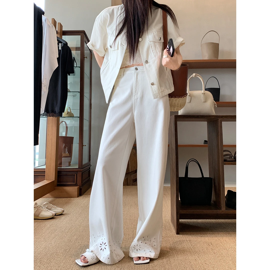 夏诗文 莱赛尔天丝棉重工镂空绣花白色阔腿牛仔裤女