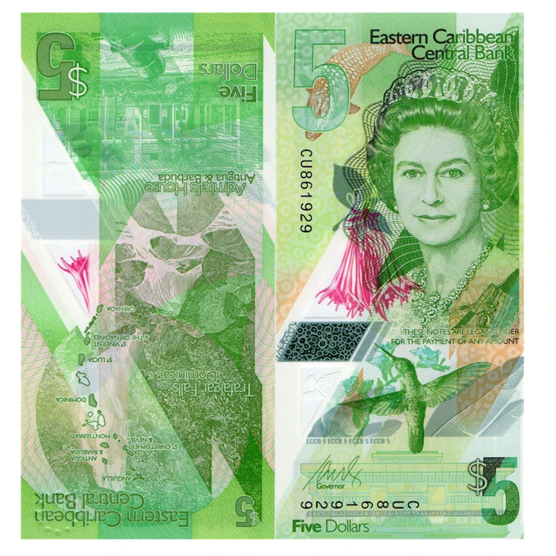 东加勒比5圆塑料钞 2021年版全新 伊丽莎白女王 美洲外国钱币全新