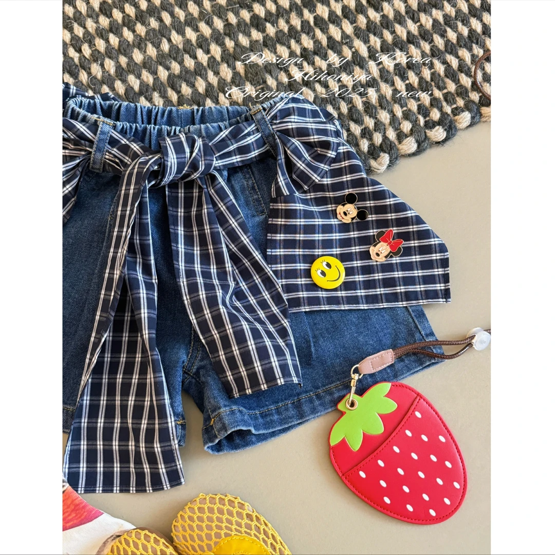 【加州牛仔】二Hihoniya~2025夏季亲子直筒格子显瘦遮肉牛仔短裤