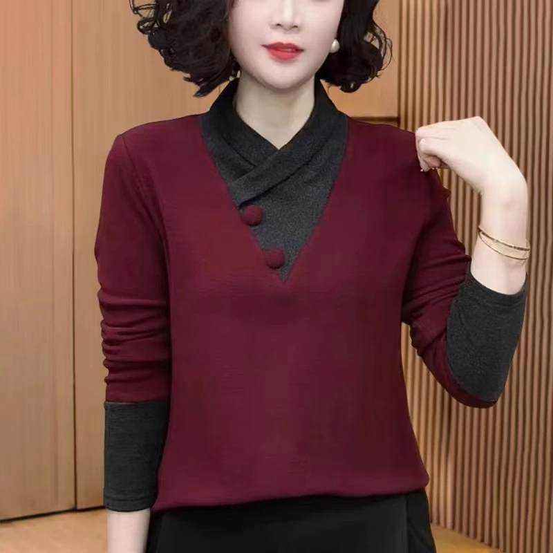 2025冬季新品时尚百搭交叉领气质打底衫中年妈妈保暖显瘦T恤上衣