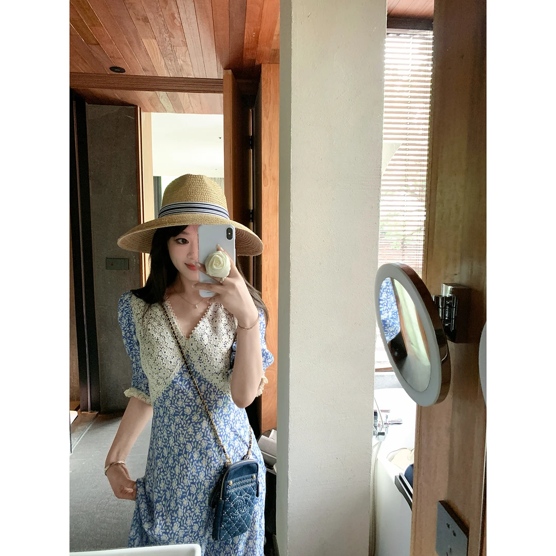 【AHY】私服少量爽滑透气重工定制蕾丝V领拼接碎花裙新品