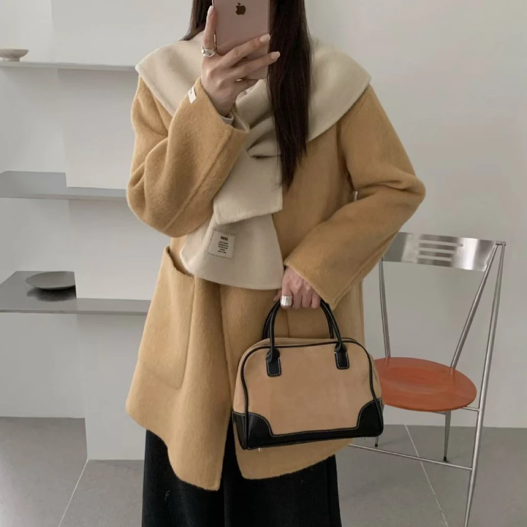 秋冬气质女士茧型双面大衣手工缝制百搭毛呢外套