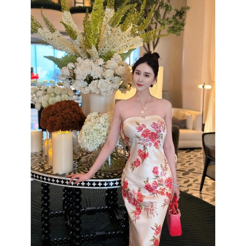 醋酸绸缎面花色抹胸裙露背镂空party生日晚宴会礼服度假沙滩裙