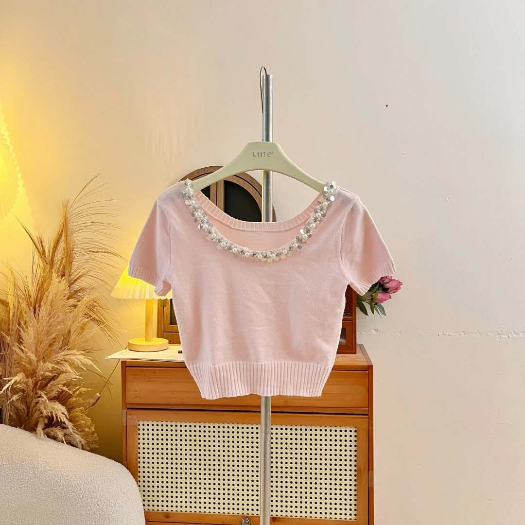LHTE青青大码女装 夏季新款减龄百搭显瘦钉珠粉色针织上衣C7739