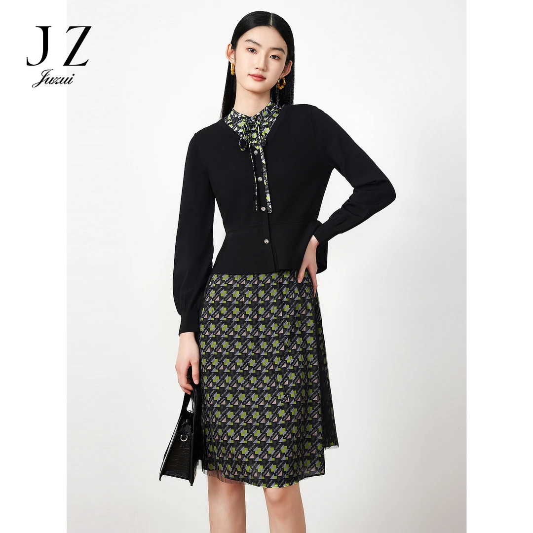 商场同款JZ玖姿JWDC31406真两件女装春季新款毛衫无袖连衣裙