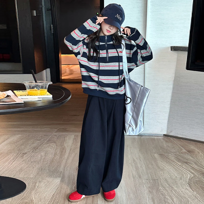 女童条纹套装2025新款儿童春秋季两件套中大童洋气韩版时尚秋装潮