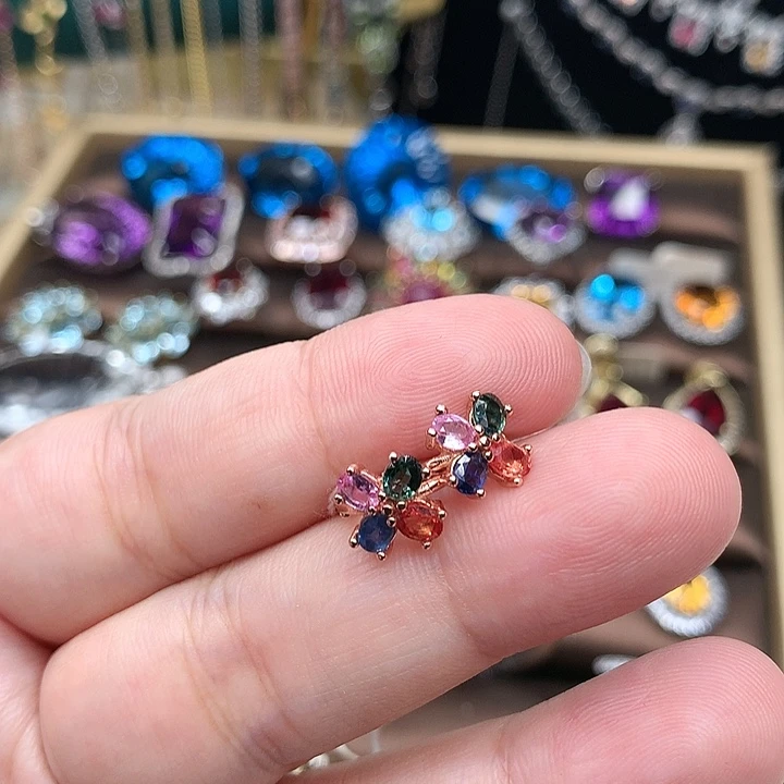 彩色蓝宝石银S925镀金镶嵌耳饰