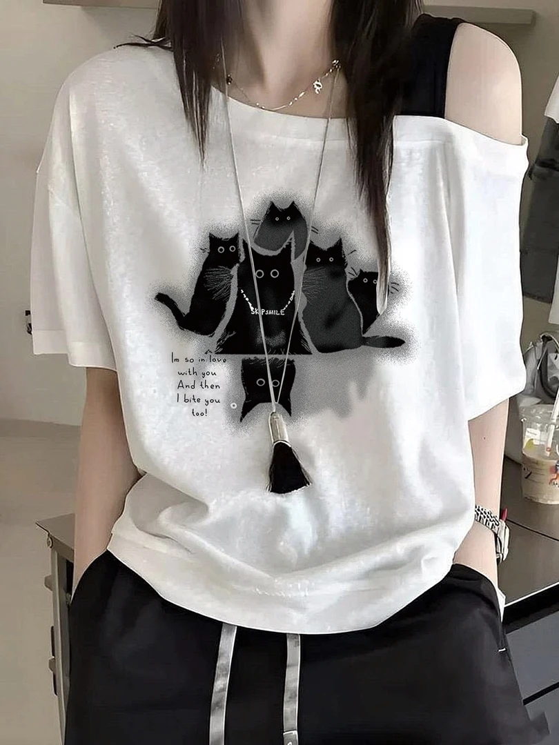 韩系撞色字母印花设计感露肩斜肩短袖上衣女夏季短款修身T恤女