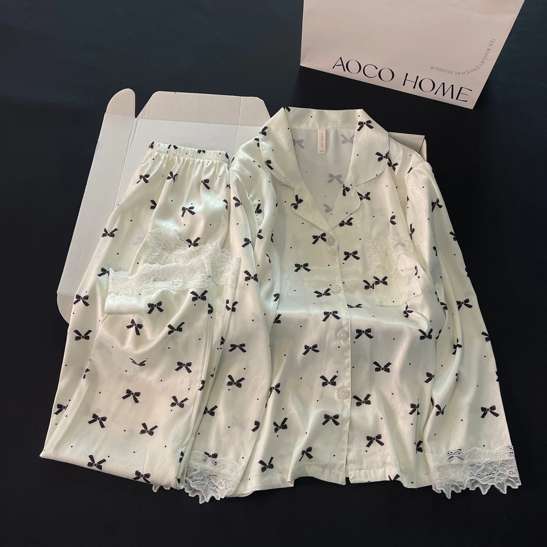 冰丝睡衣女春秋季长袖薄款大码2025新款凉感黑领结套装夏天家居服