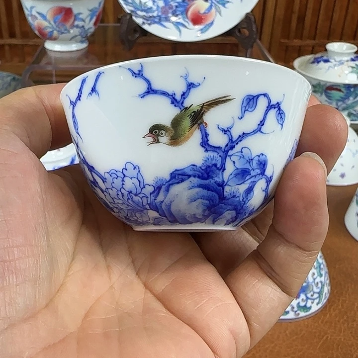 青花纯手绘花鸟杯子