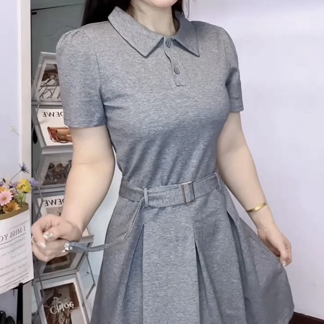 短袖夏季圆领POLO领高腰连衣裙洋气小个子休闲针织裙子翻领