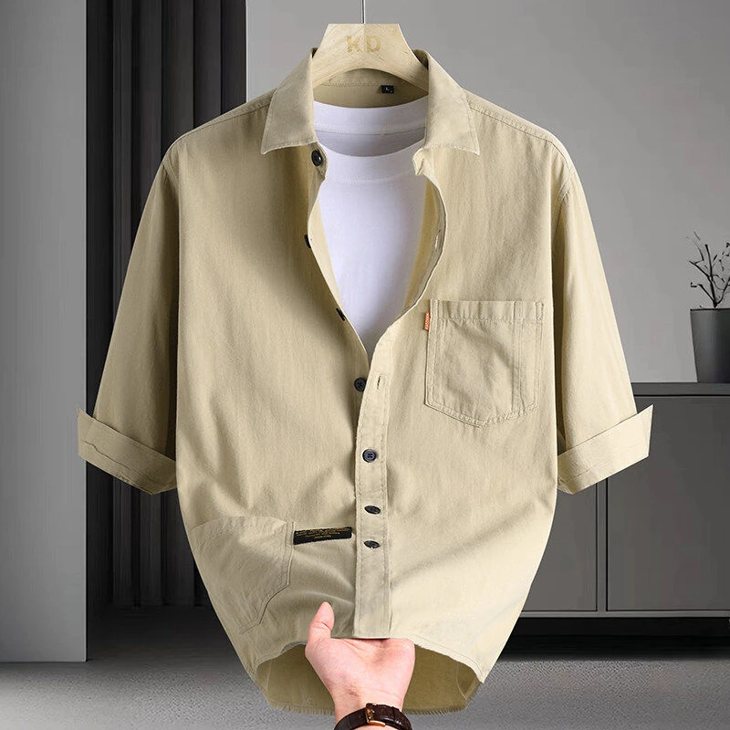 2025夏季纯棉衬衫男士休闲纯色工装舒适百搭帅气七分袖短袖5007