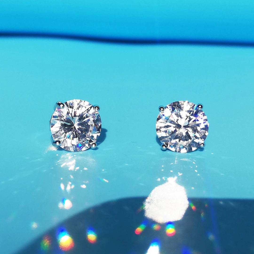 925银合成锆石耳饰 爆闪圆钻耳钉四爪高级感欧美男女同款单钻耳扣