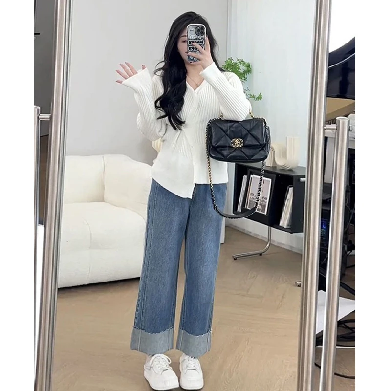 胖mm大码女装翻边牛仔裤女春秋新款直筒裤子显瘦小个子九分裤
