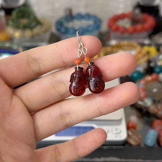 琥珀耳饰银S925镶嵌矿坑