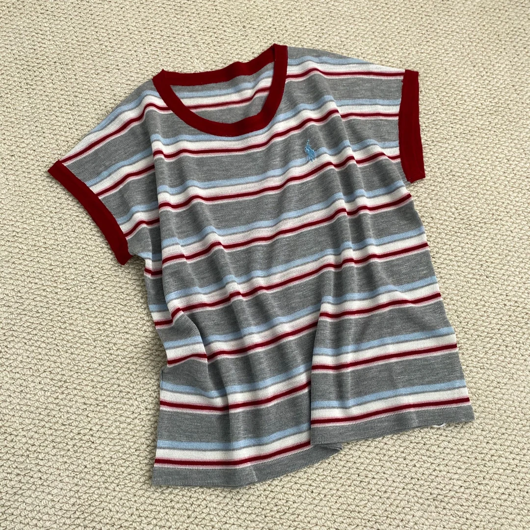 lin’家夏天新款，超洋气【拉夫】刺绣条纹小标款  撞色短袖T恤-8260