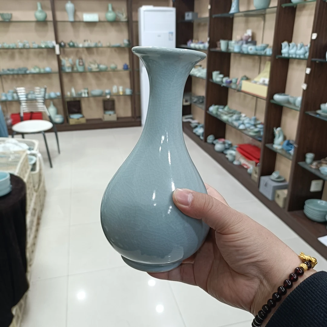 W瑕原矿汝瓷玉壶春瓶摆件