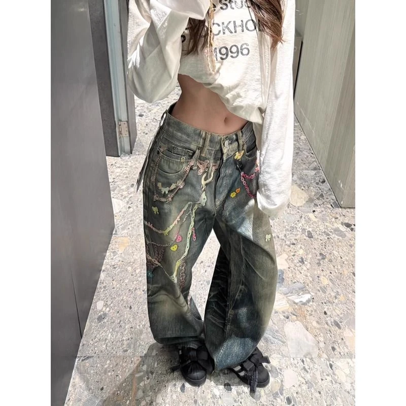 美式糖果链条裤辣妹辣弟数码印花牛仔裤街头直筒阔腿拖地帅气长裤