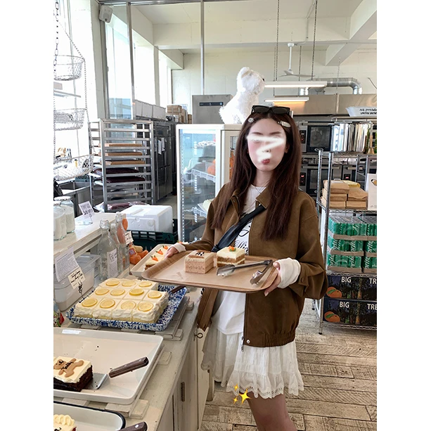 复古美式宽松鹿皮绒翻领外套女秋季休闲百搭显瘦小个子夹克上衣女