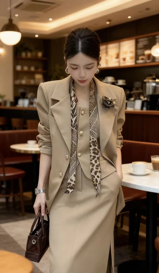 2025秋季轻奢风休闲西装外套+马甲+开叉半身套装裙三件套(送丝巾)