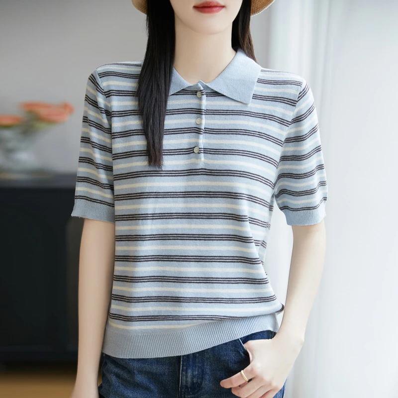 2025年夏季新款莱赛尔POLO领针织衫短袖拼色条纹宽松打底衫女