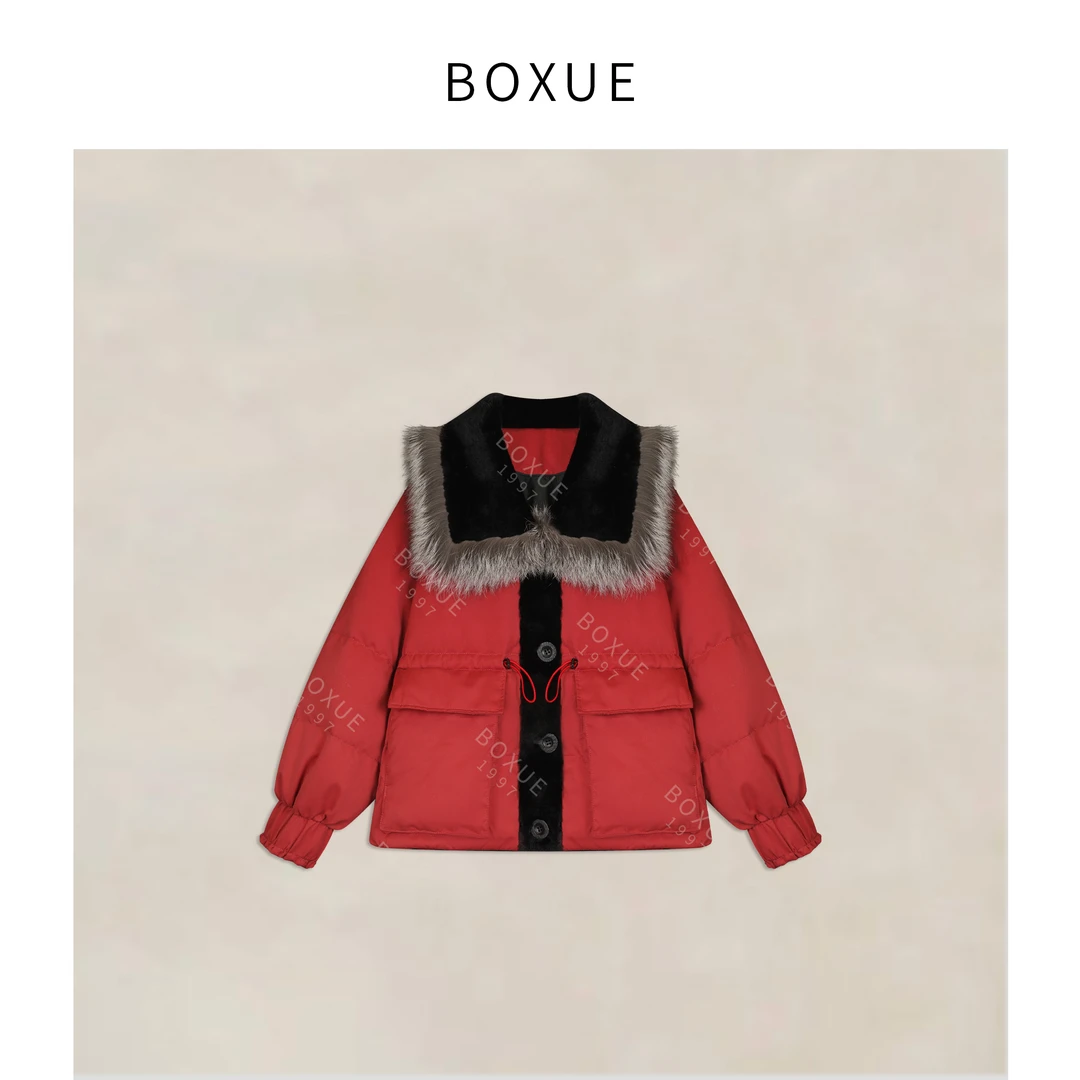 BOXUE“星秀”2025秋冬皮毛一体拼接银狐90白鹅绒服#251216YR7761