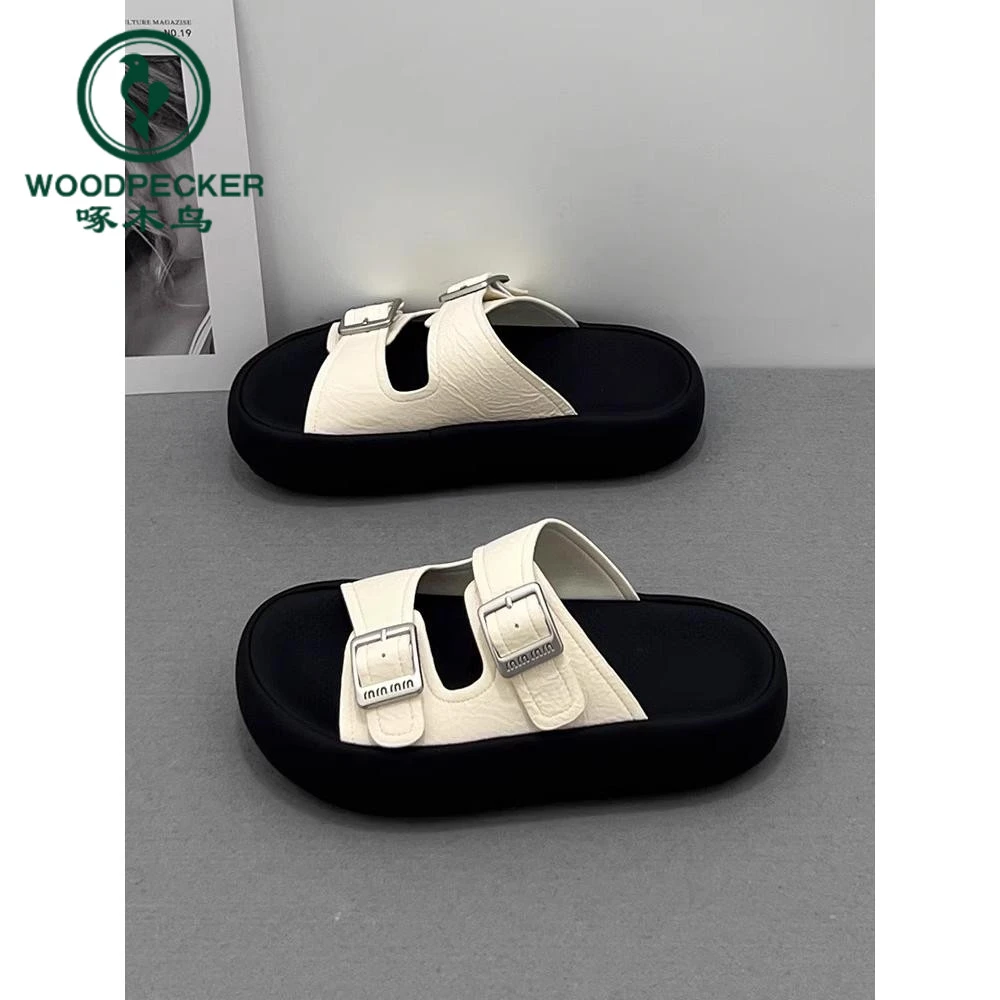 啄木鸟厚底一字凉拖鞋2025夏新款外穿时尚百搭踩屎感休闲沙滩拖鞋
