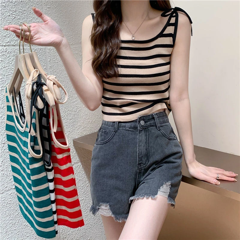 【工厂直销】条纹针织吊带背心女内搭夏季法式甜辣T恤外穿美背上衣