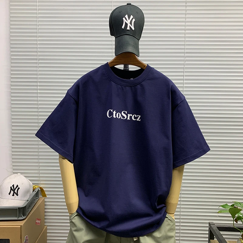 圆领印花短袖t恤男士夏季新款休闲宽松重磅潮牌百搭纯棉五分半袖T