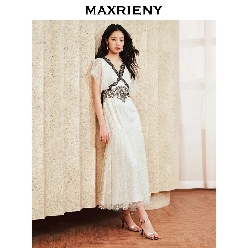 MAXRIENY复古宫廷浪漫风撞色蕾丝连衣裙波点裙子