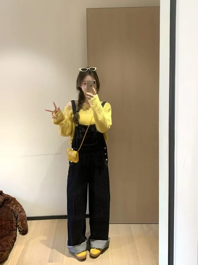 【48小时】背带裤深蓝色牛仔背带裤高腰显瘦直筒宽松阔腿连体裤