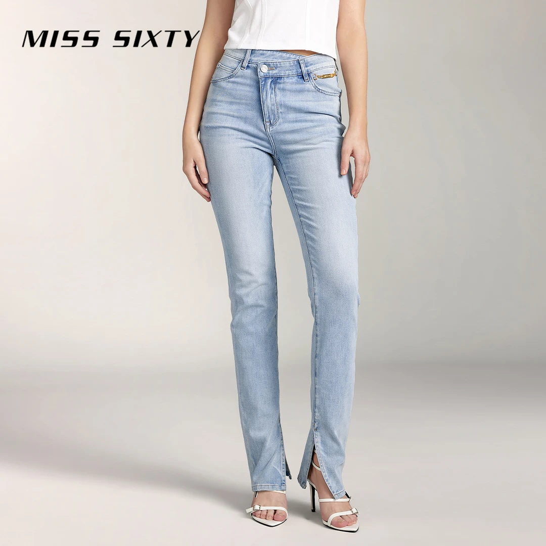 Miss Sixty牛仔裤女含桑蚕丝弹力斜门襟修身开衩简约百搭马蹄裤
