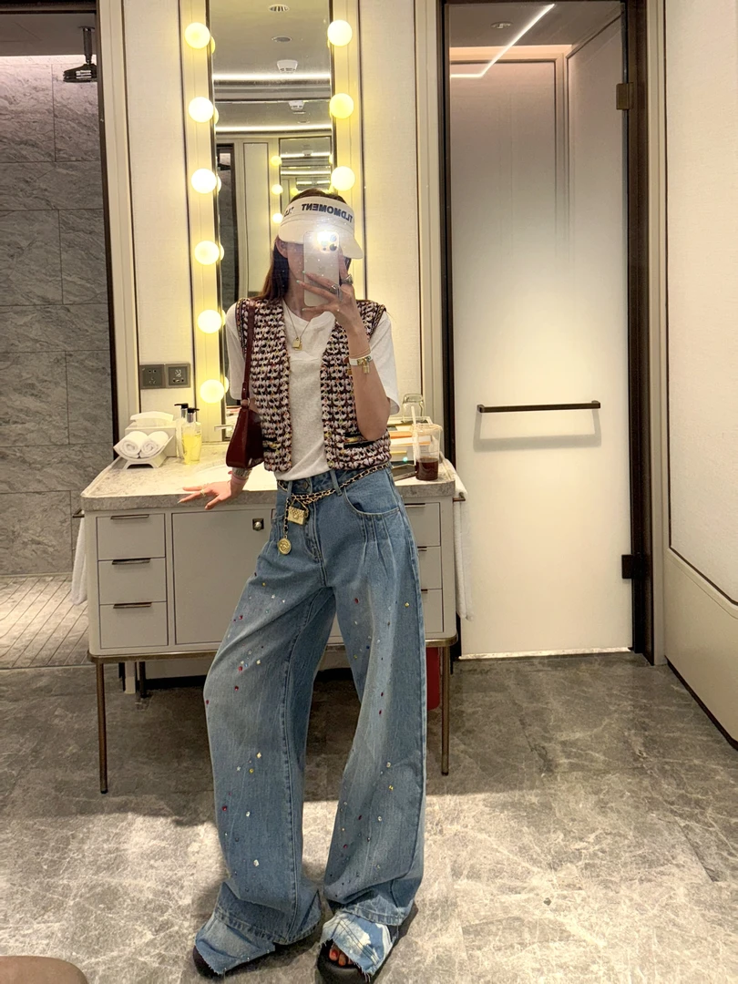 婉君【彩虹牛仔裤】夏季美式百搭烫钻设计感阔腿牛仔裤LWJ25A1K950