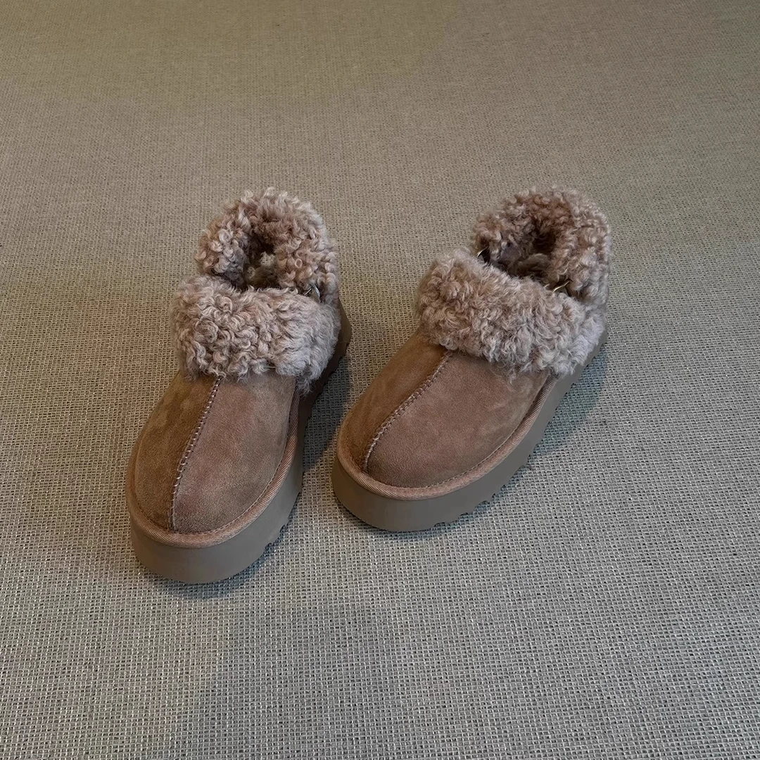 2025冬季新款皮毛一体棉鞋加绒保暖及踝毛毛棉拖鞋厚底雪地靴女